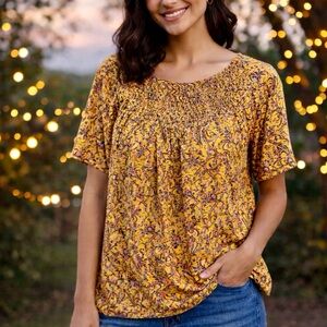 Lucky Brand Smocked Paisley Top Size S/P Mustard Yellow Boho Cotton Modal Blouse